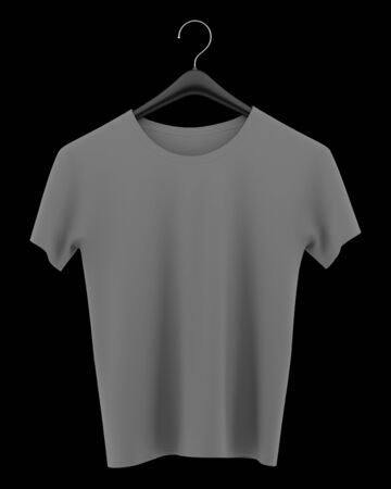 gray t-shirt on clothing hanger isolated on black background. 3d illustrationの写真素材