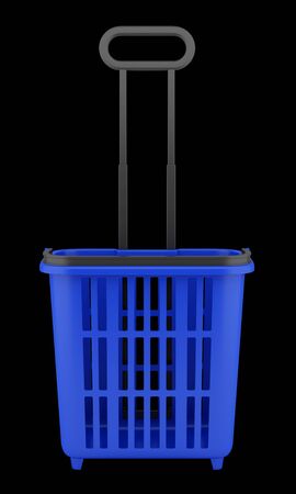 empty blue shopping basket isolated on black background. 3d illustrationの写真素材