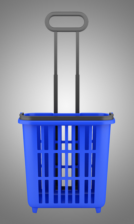 empty blue shopping basket isolated on gray background. 3d illustrationの写真素材