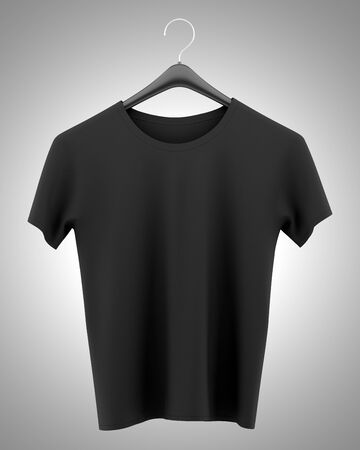 black t-shirt on clothing hanger isolated on gray background. 3d illustrationの写真素材