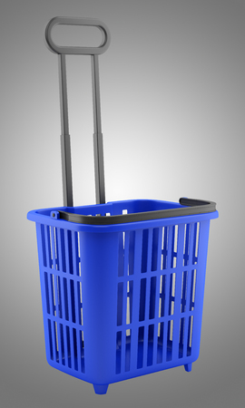 empty blue shopping basket isolated on gray background. 3d illustrationの写真素材