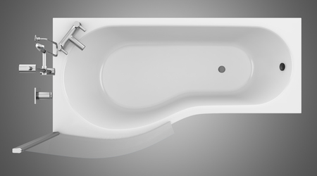 top view of modern bathtub with shower glass isolated on gray background. 3d illustrationの写真素材