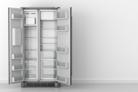 modern empty fridge in front of white wall. 3d illustrationの写真素材