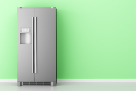 modern fridge in front of green wall. 3d illustrationの写真素材