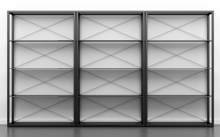 black office shelves in front of white wall. 3d illustrationの写真素材