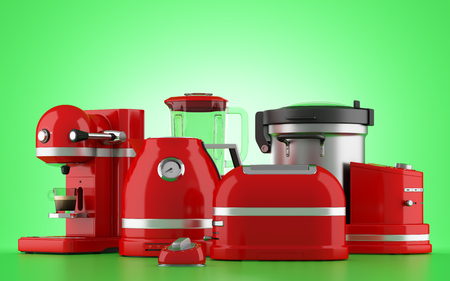 red kitchen appliances isolated on green background. 3d illustrationの写真素材