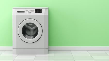 modern washing machine in front of green wall. 3d illustrationの写真素材