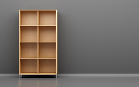 wooden office cabinet shelf in front of gray wall. 3d illustrationの写真素材