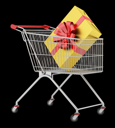 shopping cart with gift box isolated on black background. 3d illustrationの写真素材