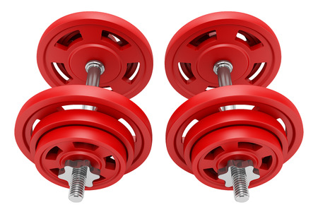 Two red dumbbells isolated on whiteの写真素材