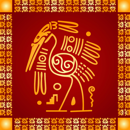 Golden symbolic vector ornaments of American native Indians, Aztec and Mayaのイラスト素材