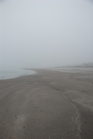 Vertical background of the beach and sea enveloped by fog in winterの写真素材