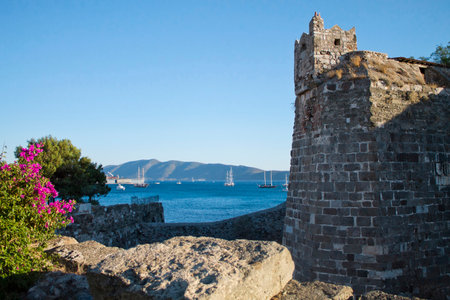 fortress, the sea in ships, mountains and flowersのeditorial素材