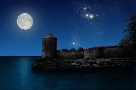 fantastic night landscape with the moon and castleのeditorial素材