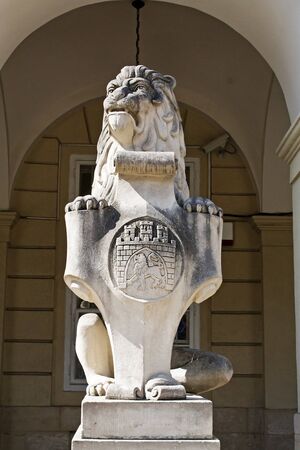 statue of a lion with shield in Lviv, Ukraineの写真素材