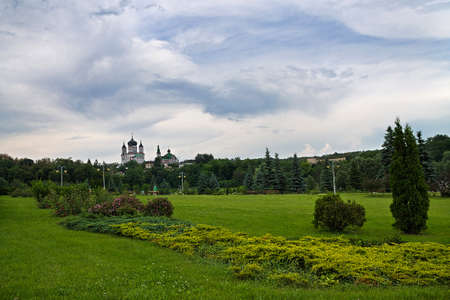 summer park Feofania in Kiev before the stormの写真素材