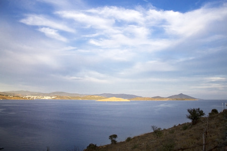 view from the mountain of the Aegean sea, the mountains, the coastの写真素材