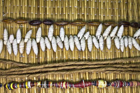 straw mat background with shells and beadsの写真素材