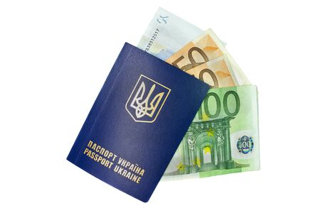 Ukrainian passport with money isolated on white backgroundの写真素材