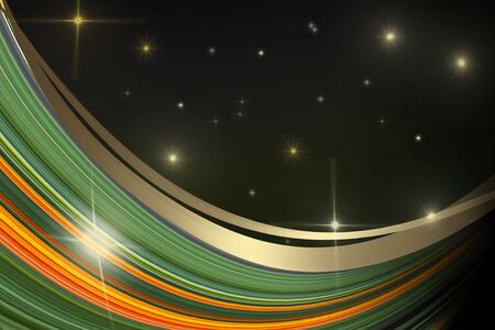 abstract green background with yellow wavy lines and starsの写真素材