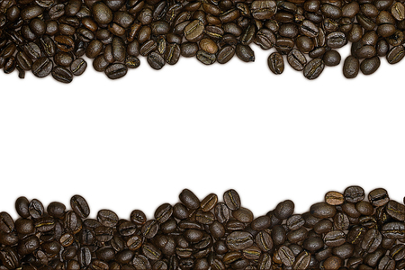a border of coffee beans on a white backgroundの写真素材