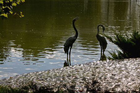 City park with a pond and sculpture groupの写真素材
