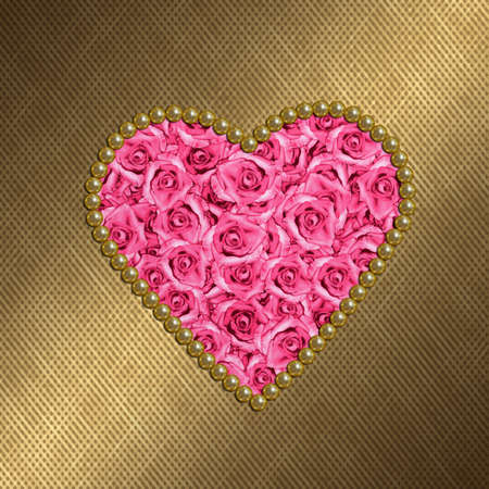 gold background with a heart of pink rosesの写真素材