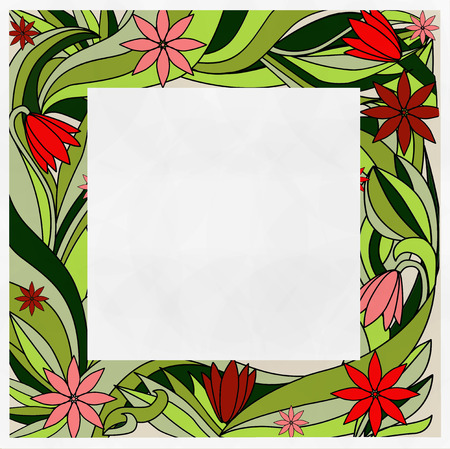 square frame with a pattern of red flowers on a white backgroundの写真素材