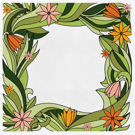 square frame with a pattern of orange flowers on a white backgroundの写真素材