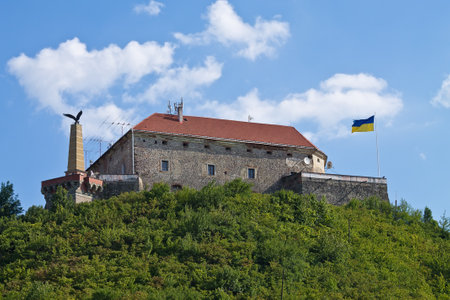 Ukraine, Mukachevo Palanok Castle from the 14th century on top of the mountain.のeditorial素材