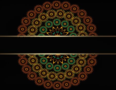 patterned circle of flowers on a black background with copy spaceの写真素材