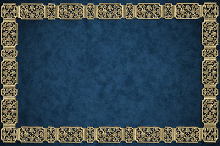 blue abstract background with a gold patterned frameの写真素材