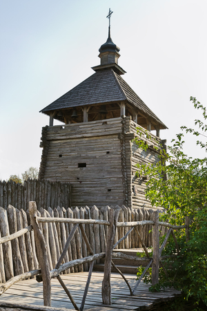 Ukraine attractions. Zaporizhzhya Sich. Wooden towerの写真素材