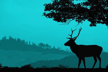 bluelandscape with a silhouette of a deer. Hills covered with forest and the silhouette of a deer under the tree in the foregroundの写真素材