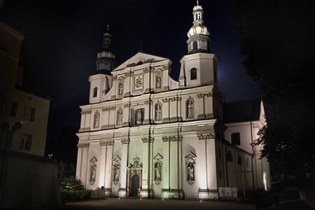 Bernardine Church of the 15th century in the Baroque style. Bernardine Church at night, Krakow, Poland, Europe.の写真素材