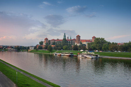 evening landscape with views of the Wawel Palace and the Vistula. Krakow, Poland.のeditorial素材
