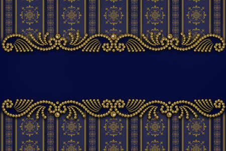 blue background with patterned border of golden pearl beads and copy spaceの写真素材