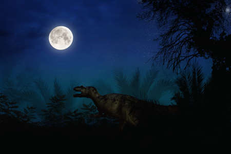 Collage dinosaur in the jungle at night. Night fantasy landscape with a full moon.の写真素材