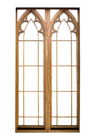 carved wooden window frame in antique style, isolate on white backgroundの写真素材