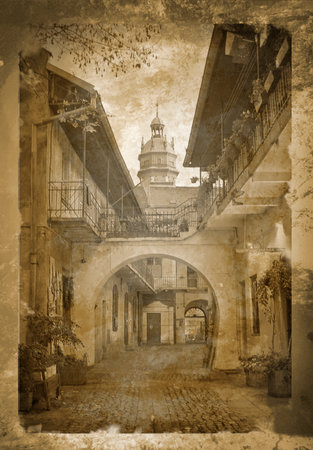 image of an old Krakow courtyard treated in a vintage styleの写真素材