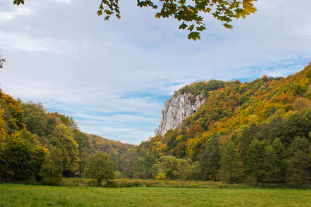 Autumn landscape. A rock in an autumn forestの写真素材