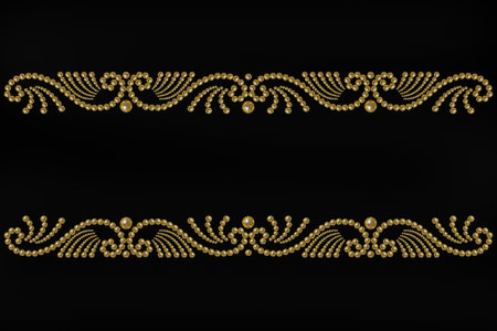 black background with patterned border of golden pearl beads and copy spaceの写真素材