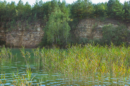 A turquoise lake with steep banks overgrown with sedgesの写真素材