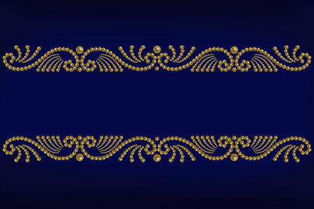 blue background with patterned border of golden pearl beads and copy spaceの写真素材