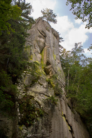 Landscape a picturesque rock covered with a forestの写真素材