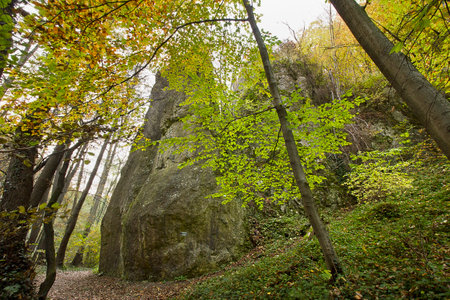 Autumn landscape with picturesque rocks in the forest. Nature of Polandの写真素材