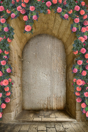 Background stone arch framed by roses. Close-up of a niche in a stone wall with a pink rose patternの写真素材