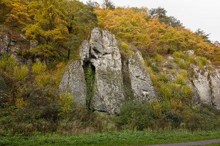 Autumn landscape with picturesque rocks in the forest. Nature of Polandの写真素材