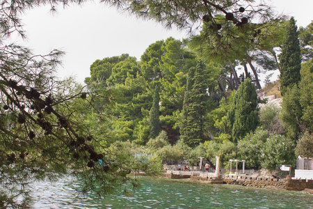 A beach on the Adriatic Sea. Ancient ruins by the sea.の写真素材