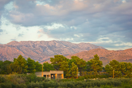 Landscape with mountains. Picturesque mountains in the rays of the evening sun.の写真素材